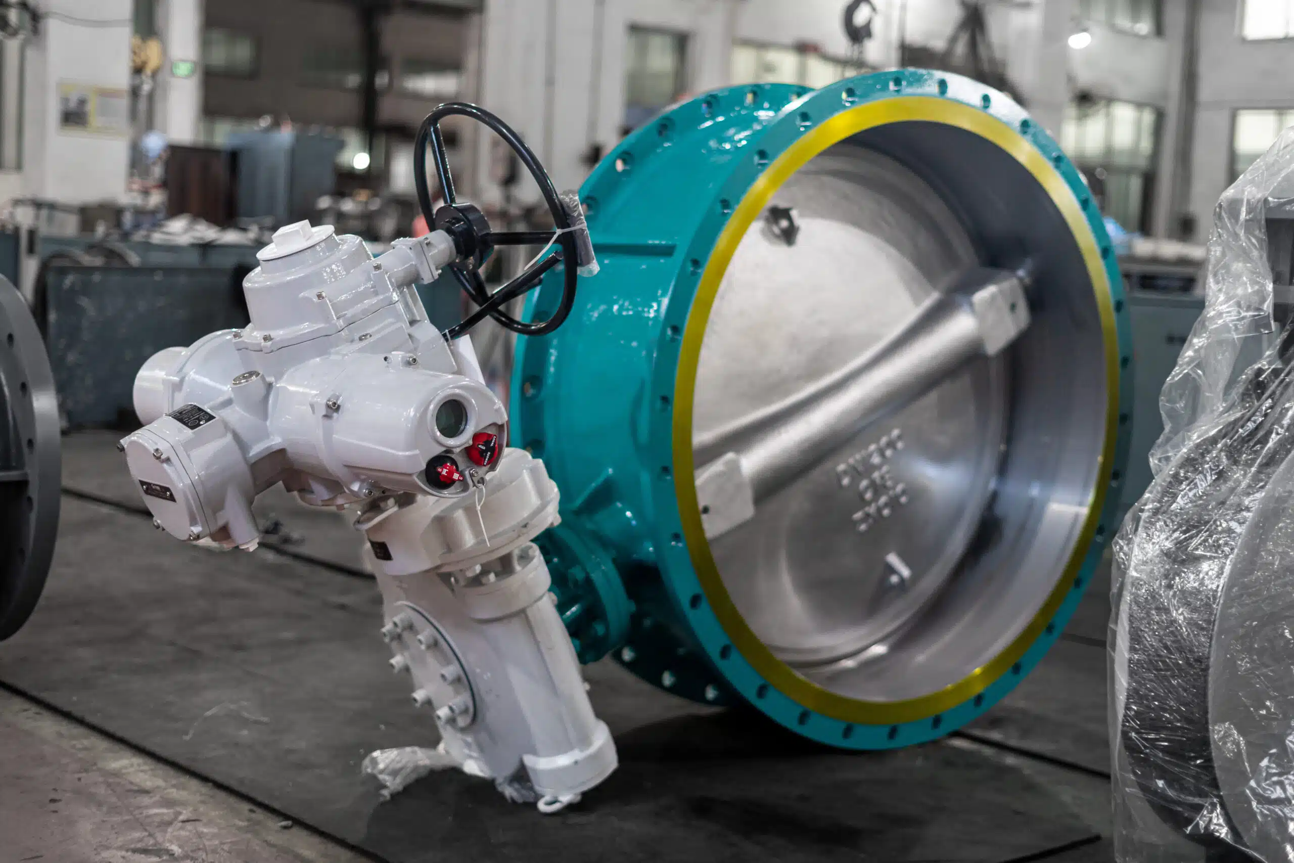 NTGD DN1200 Class 150 CF8 triple-offset motorized butterfly valve with electric actuator