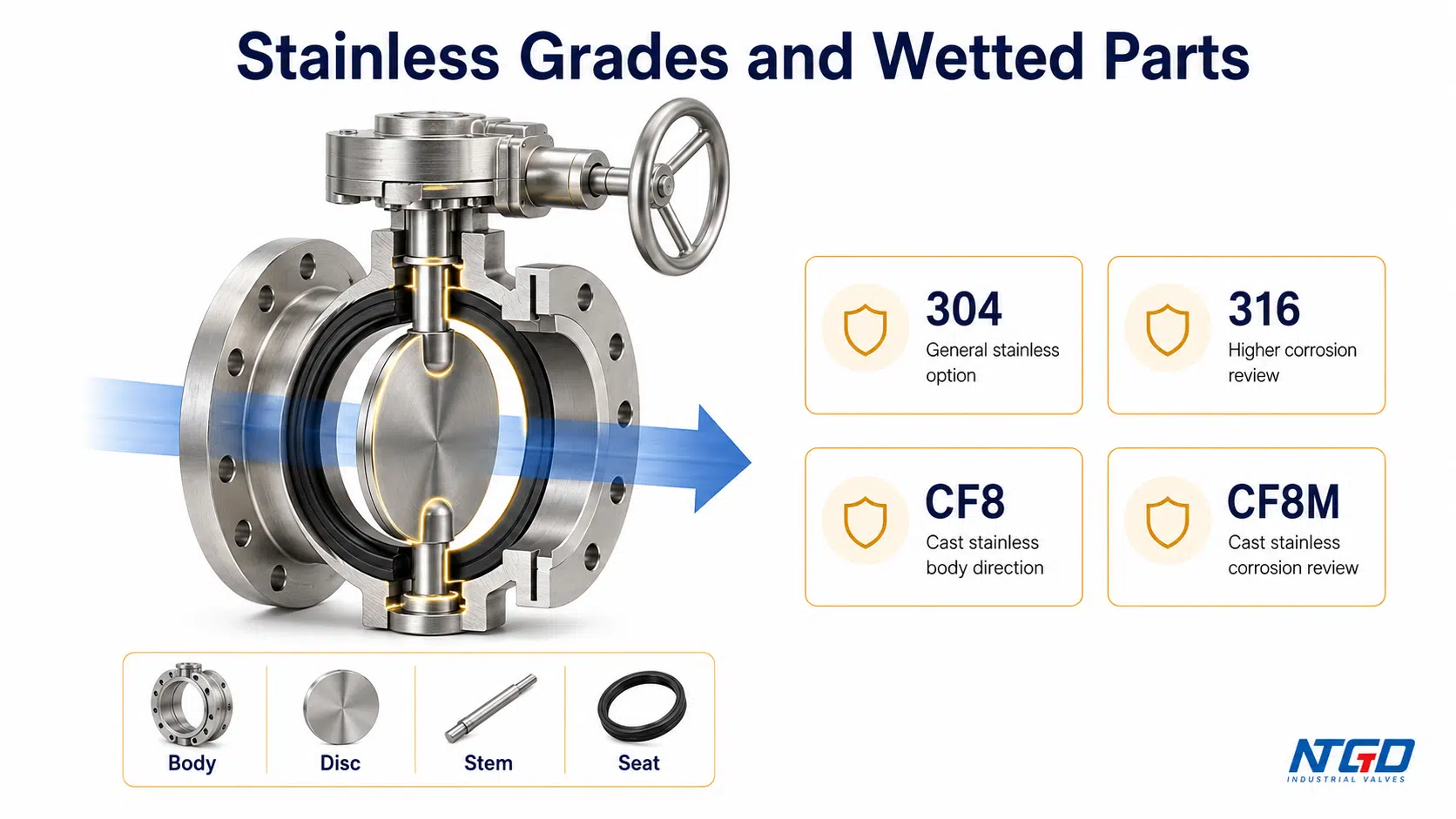 Stainless steel butterfly valve grades and wetted parts diagram