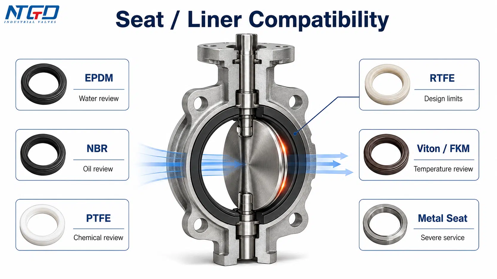 Seat and liner compatibility diagram for stainless steel butterfly valves