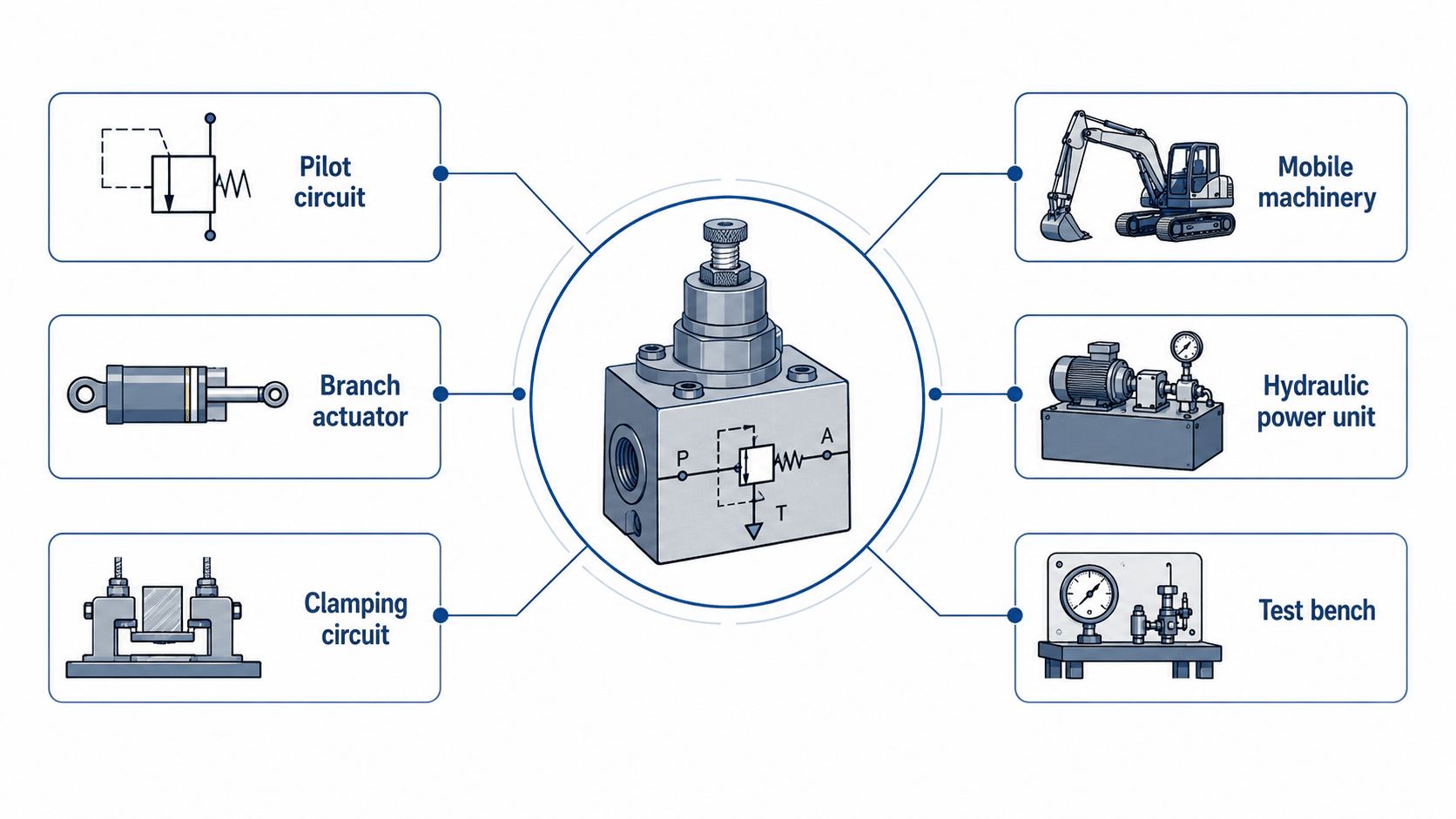 Hydraulic pressure reducing valve applications in pilot circuit branch actuator clamping circuit mobile machinery hydraulic power unit and test bench