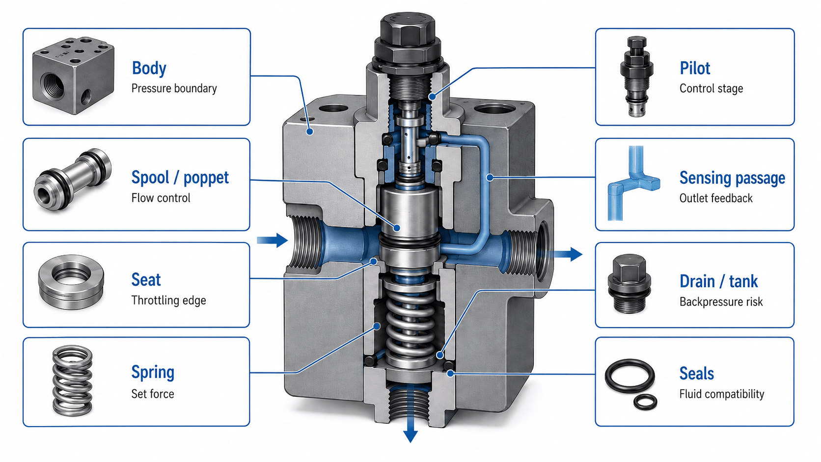 Hydraulic pressure reducing valve components including body spool seat spring pilot sensing passage drain and seals