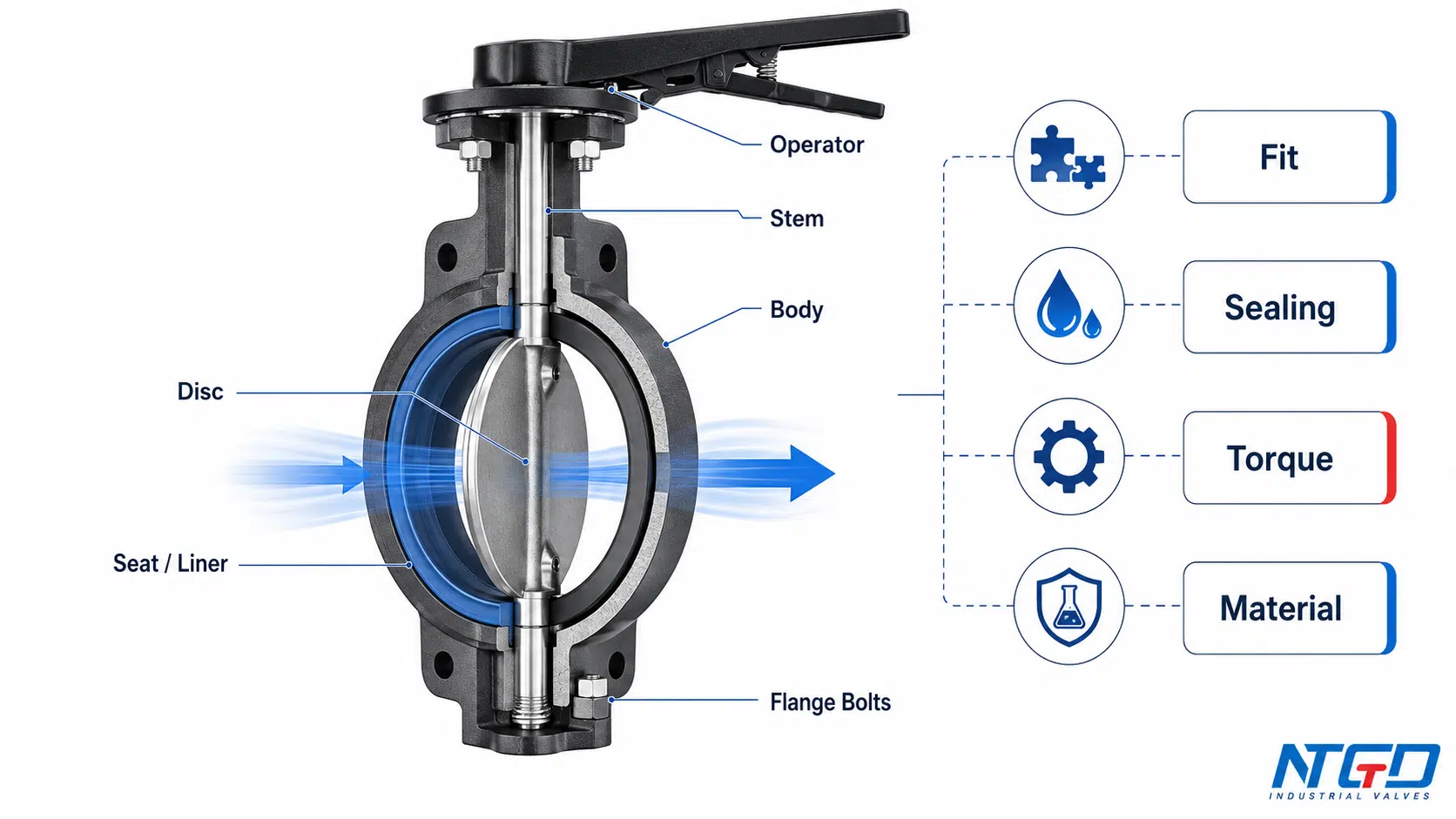 Cutaway diagram of a wafer butterfly valve showing operator, stem, disc, body, seat liner, and flange bolts with fit, sealing, torque, and material selection cues