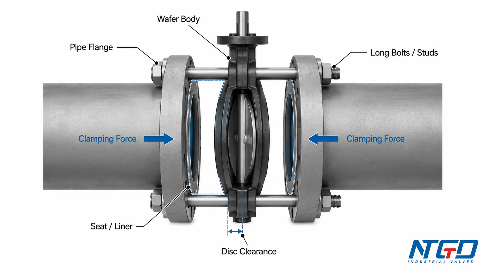 Engineering diagram showing a wafer butterfly valve clamped between two pipe flanges by long bolts or studs with seat liner and disc clearance highlighted