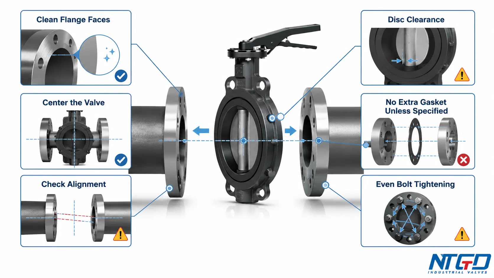 Wafer butterfly valve installation checkpoint board showing clean flange faces, valve centering, flange alignment, disc clearance, gasket boundary, and even bolt tightening