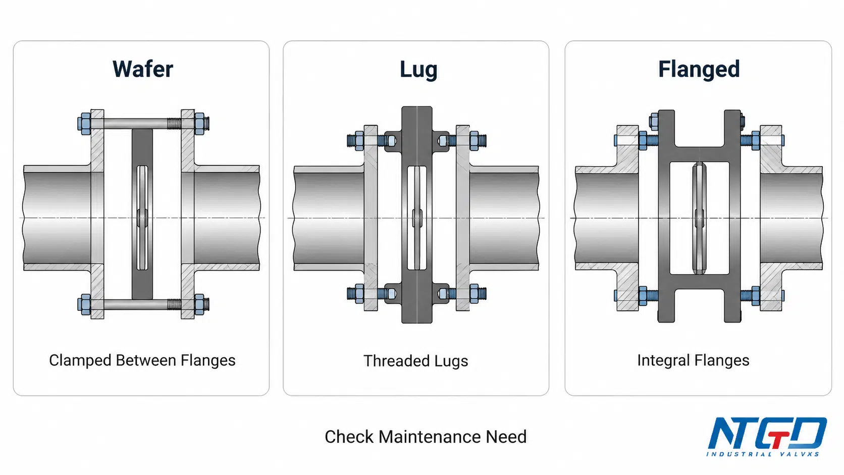 Engineering comparison of wafer, lug, and flanged butterfly valve body connections showing clamped between flanges, threaded lugs, and integral flanges