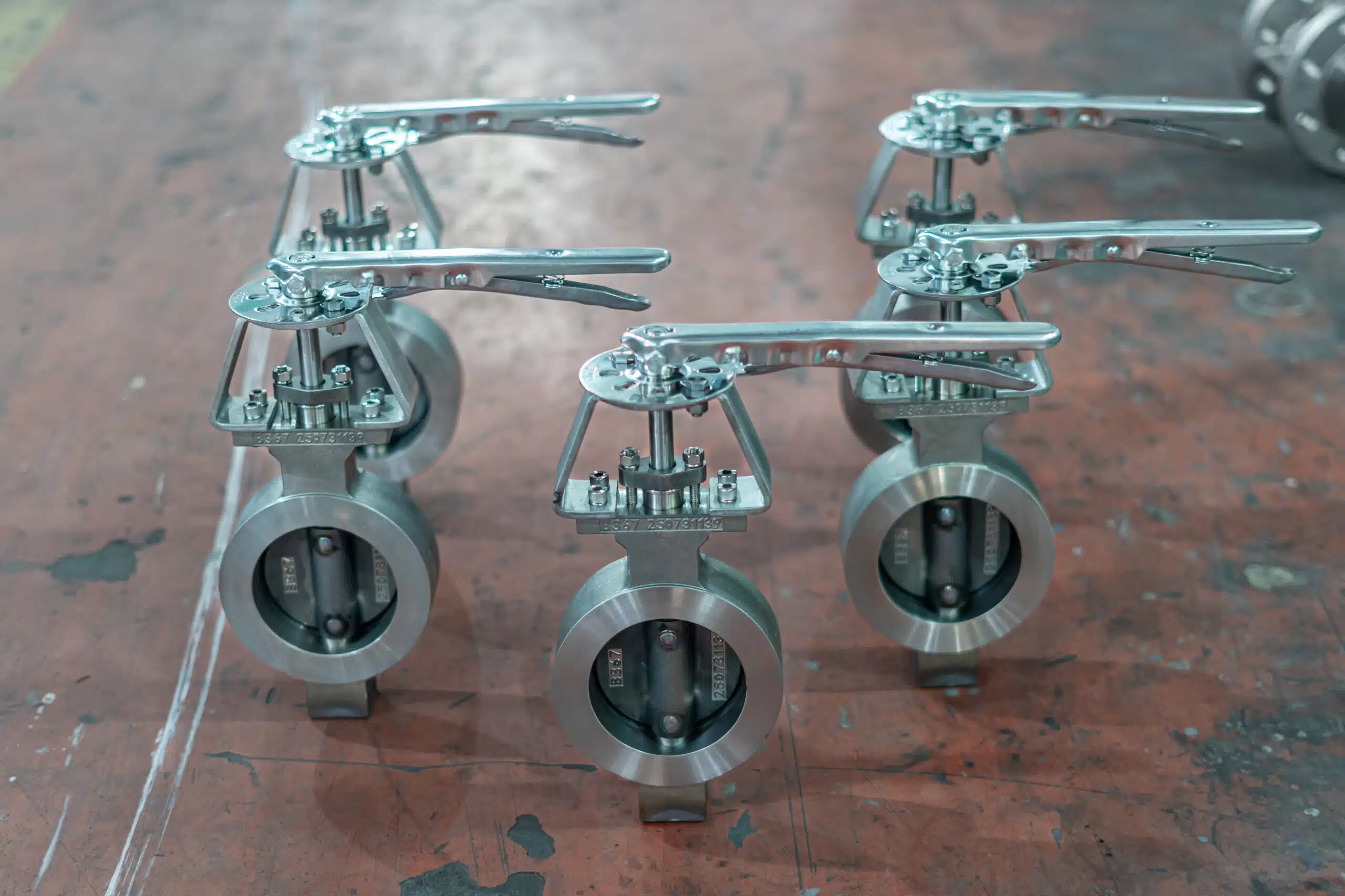 Group photo of Butterfly Valve – Wafer Type – 4 inch – 150LB – Ti – Manual valves in workshop