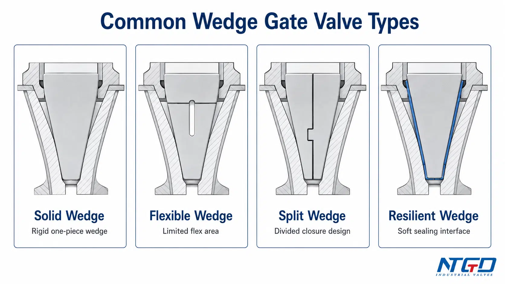Comparison diagram of solid, flexible, split and resilient wedge gate valve types