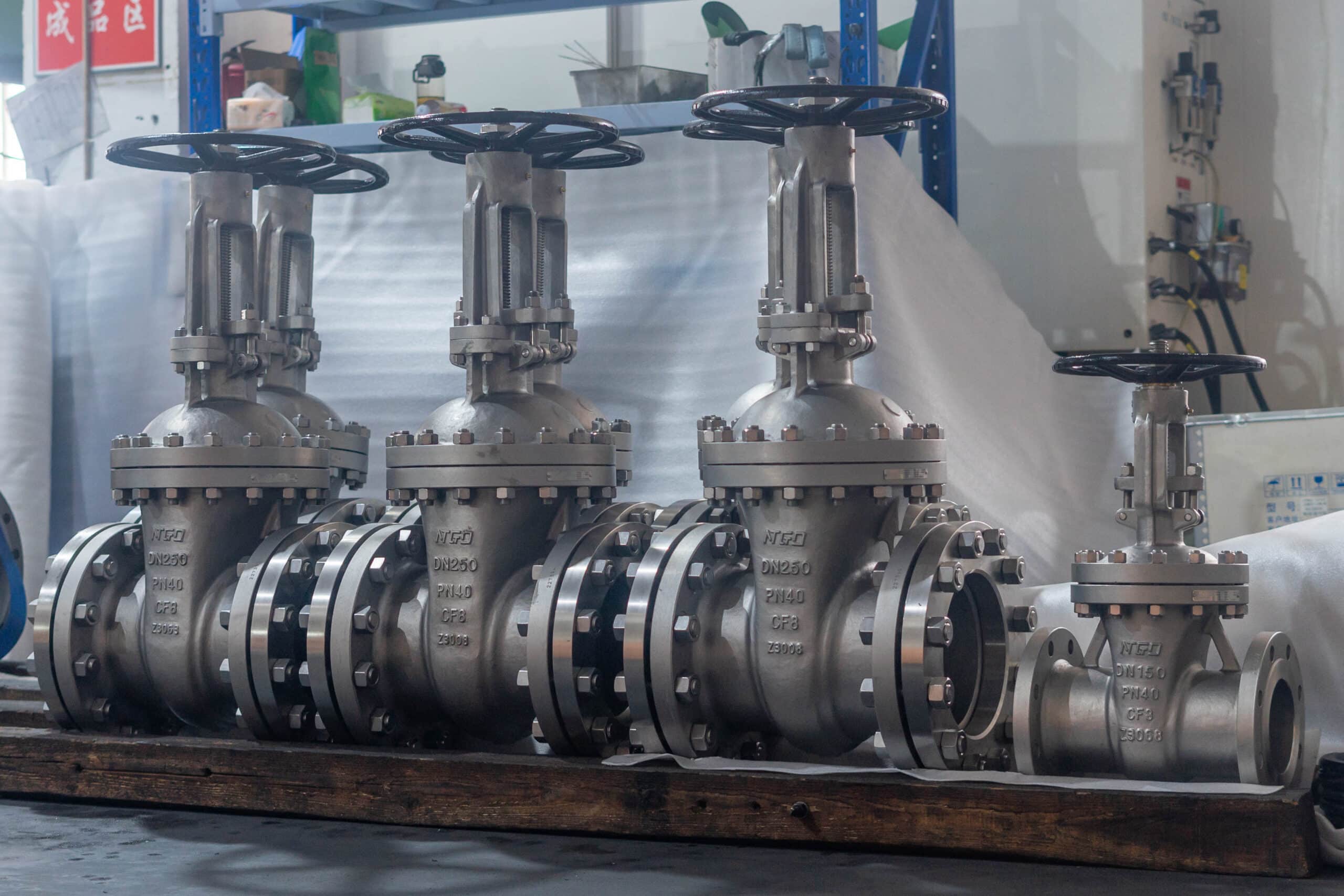 Flanged gate valves lined up in the NTGD workshop with PN40 CF8 markings