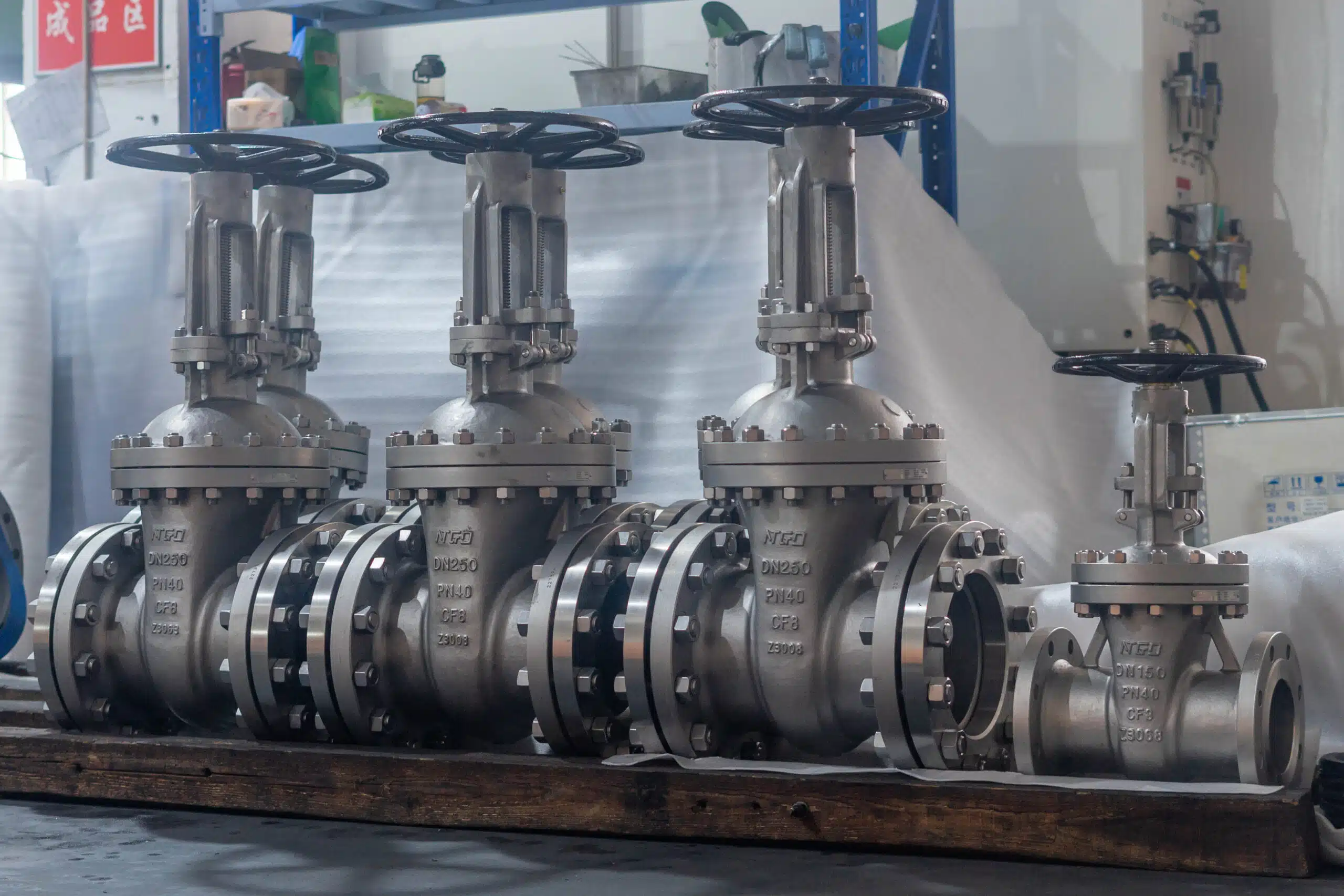 Flanged gate valves lined up in the NTGD workshop with PN40 CF8 markings