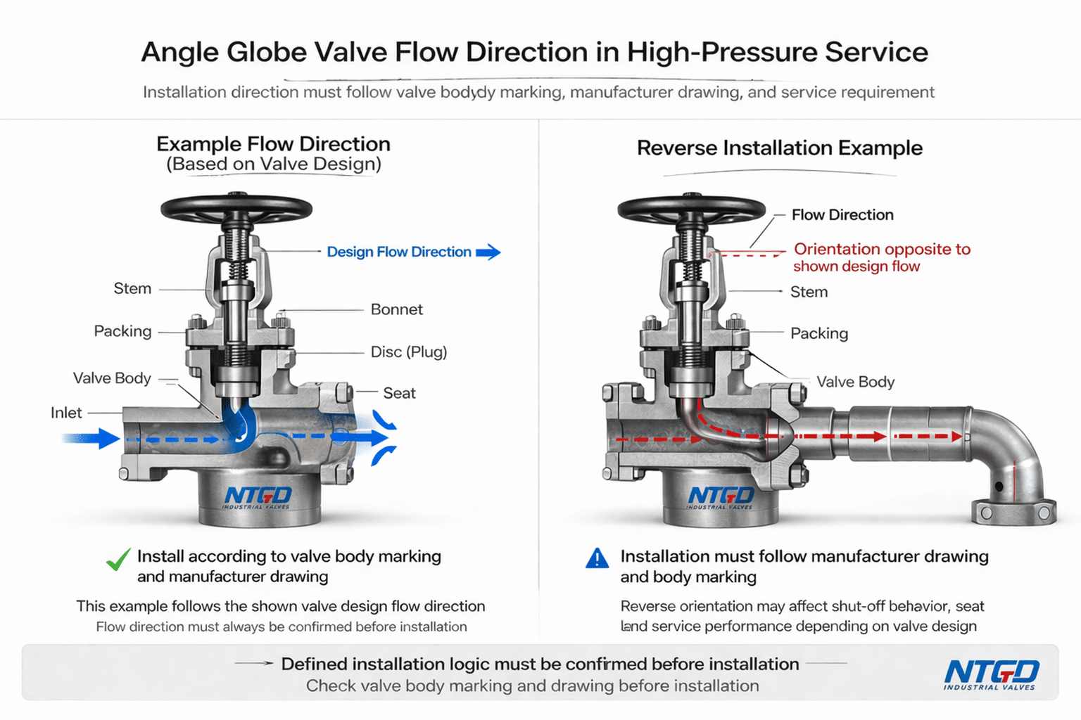Angle globe valve flow direction diagram showing correct installation and reverse installation in high pressure service