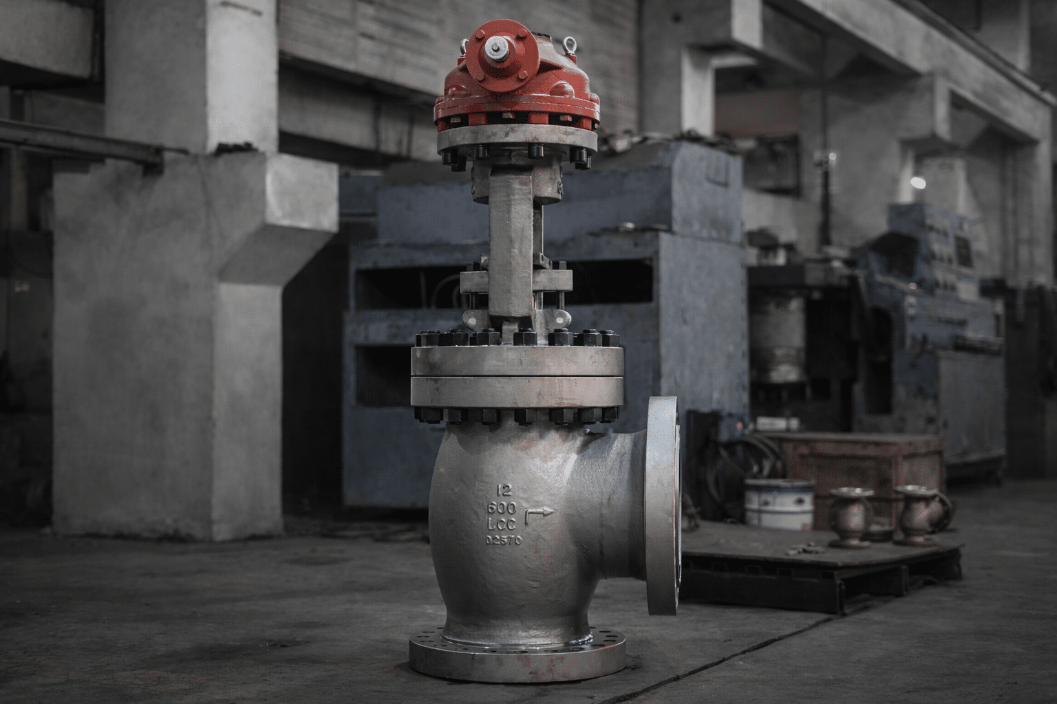 Angle globe valve installed in industrial pipeline system for steam or high pressure service application