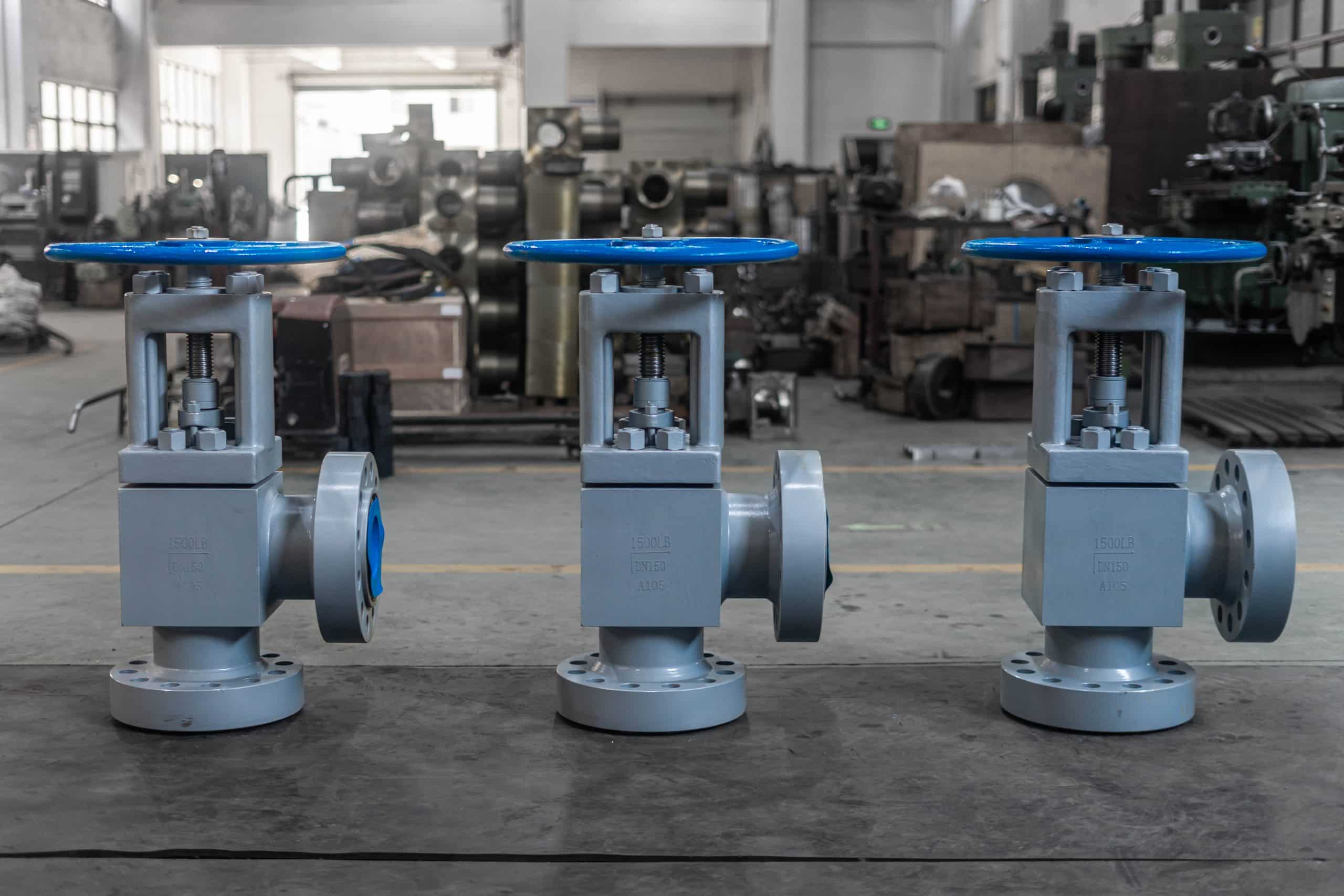 Angle globe valve products in factory showing multiple units for industrial application
