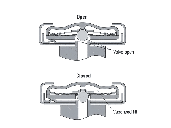 Balanced pressure bellows thermostatic steam trap working cycle showing valve open and closed states