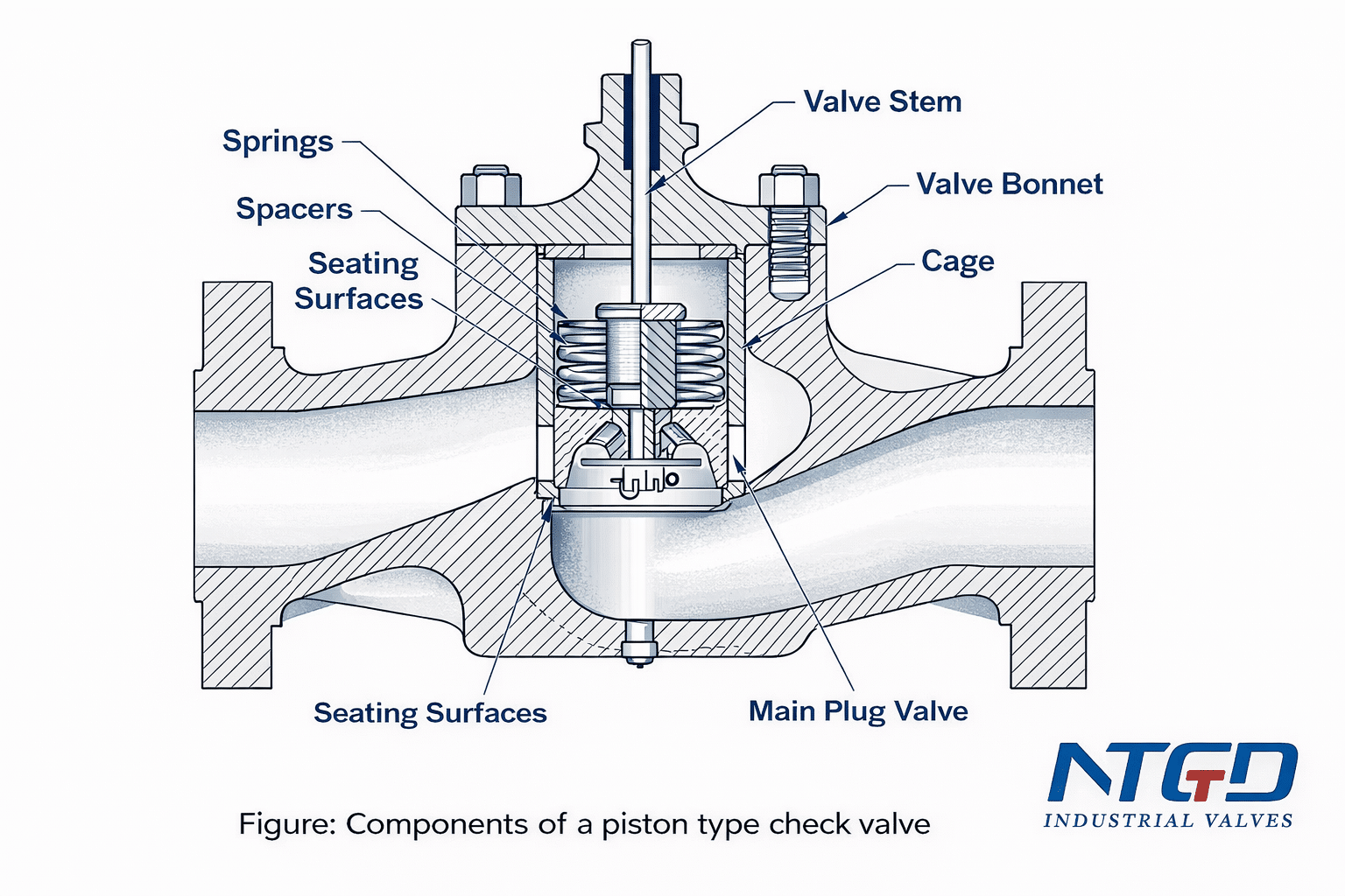 Schéma des composants du clapet anti-retour à piston montrant le corps du clapet, le chapeau, le piston, le ressort et les surfaces d'appui