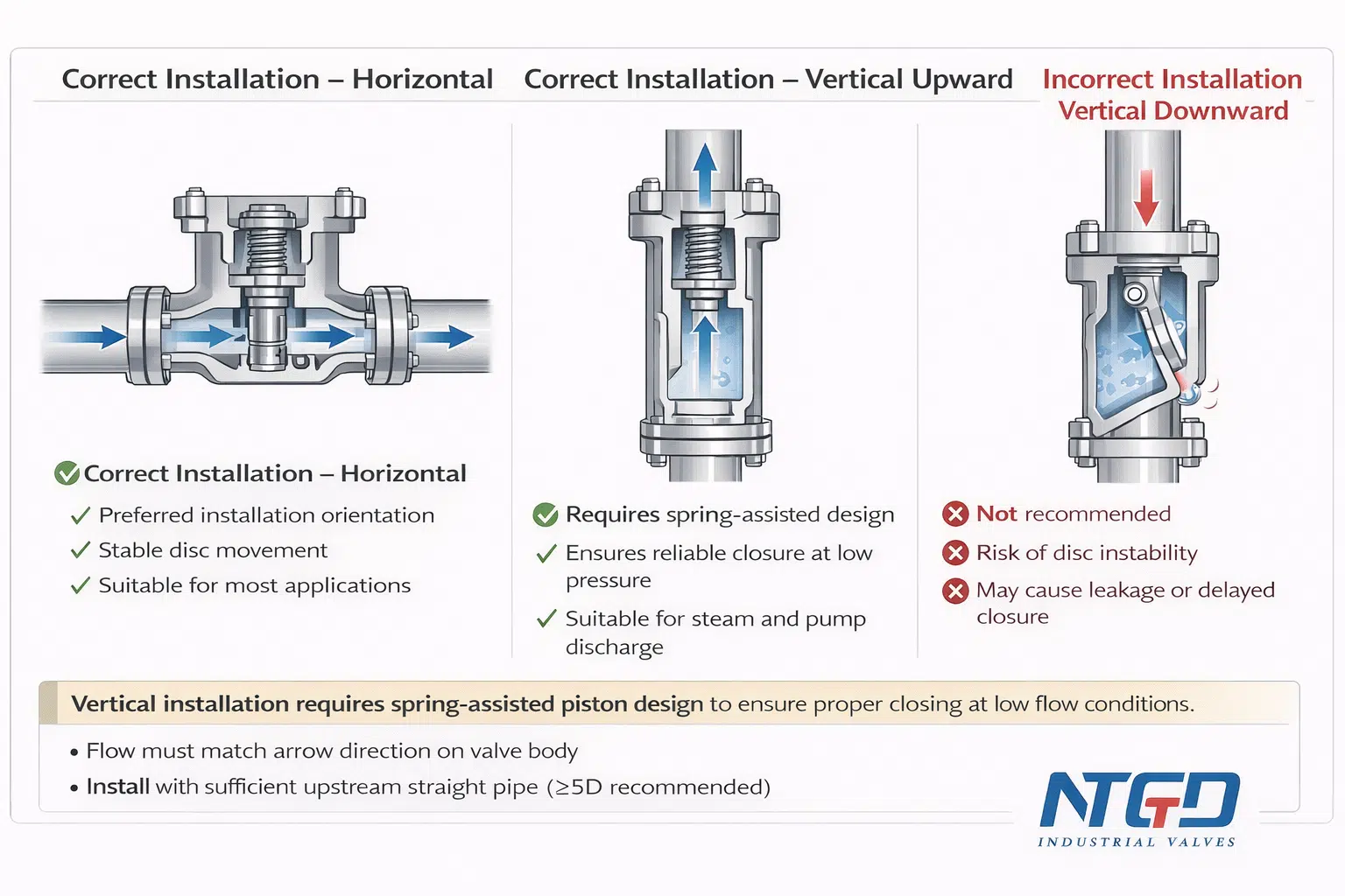 Diagrama de instalação da válvula de retenção de pistão mostrando a orientação horizontal, vertical para cima e incorreta para baixo
