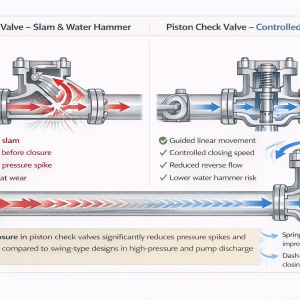 Perbandingan katup periksa piston vs katup periksa ayun yang menunjukkan efek water hammer, gerakan cakram, dan perilaku penutupan terkontrol