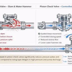 Piston check valve vs swing check valve comparison showing water hammer effect, disc motion, and controlled closure behavior