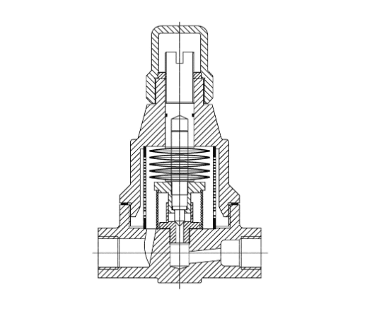 Internal cross sectional structure of thermostatic steam trap with spring mechanism and valve seat