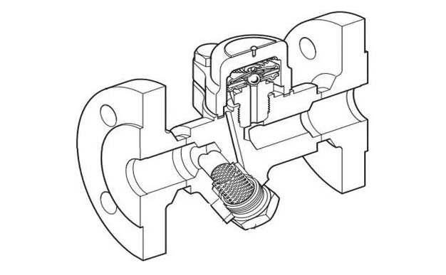 Cross sectional view of thermostatic steam trap with integrated strainer showing internal flow path and valve seat