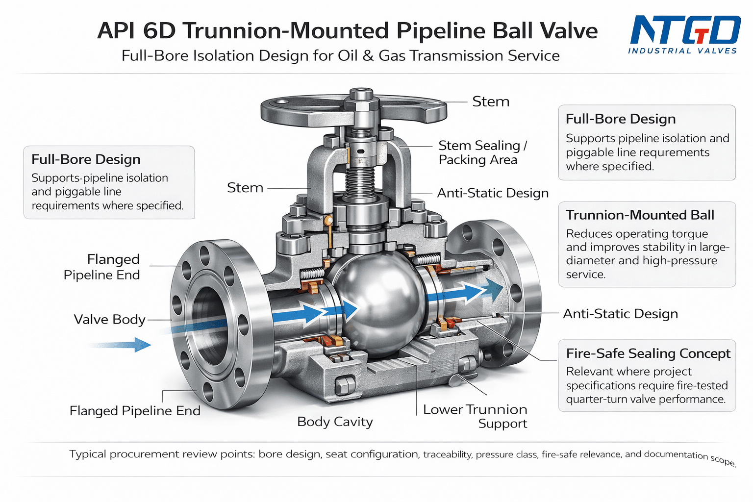 API 6D trunnion mounted ball valve cutaway diagram showing full bore design, sealing system, anti static device, and fire safe structure
