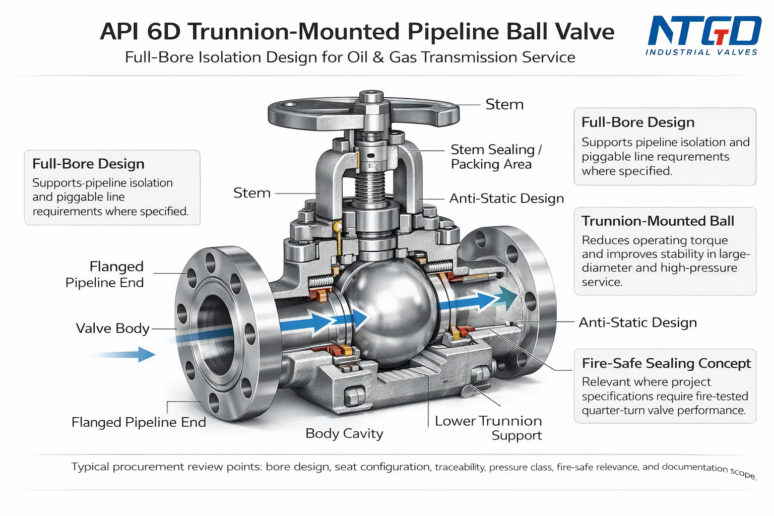 API 6D trunnion mounted ball valve cutaway diagram showing full bore design, sealing system, anti static device, and fire safe structure