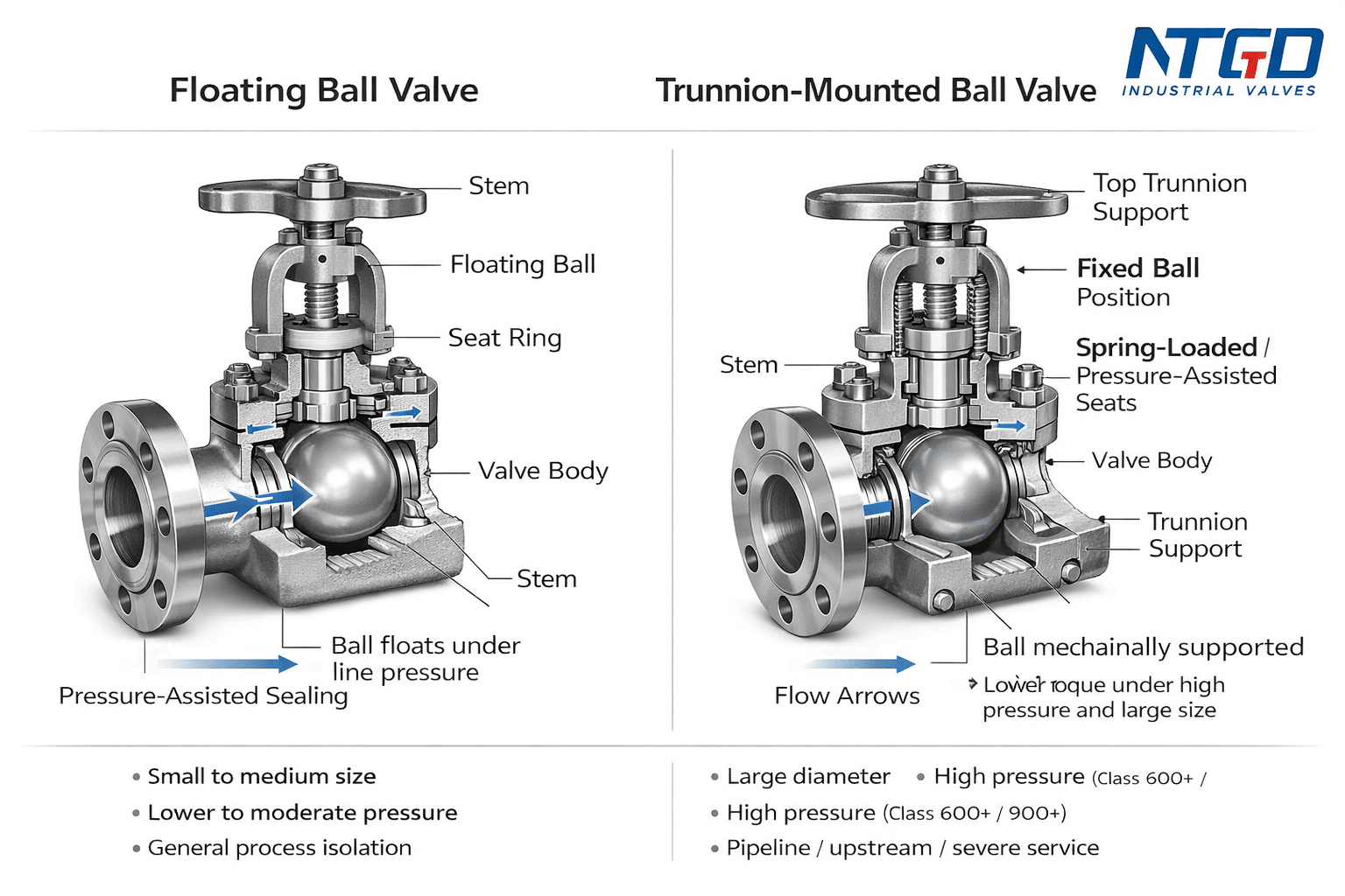 Floating vs trunnion ball valve comparison diagram showing structural differences, sealing mechanism, and application suitability in oil and gas service