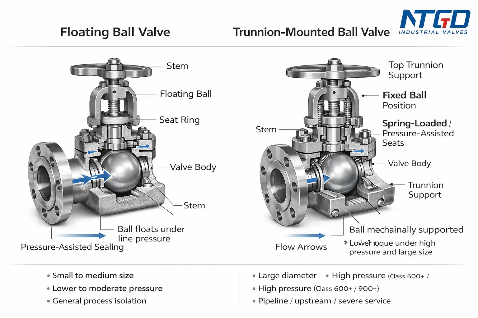 Floating vs trunnion ball valve comparison diagram showing structural differences, sealing mechanism, and application suitability in oil and gas service
