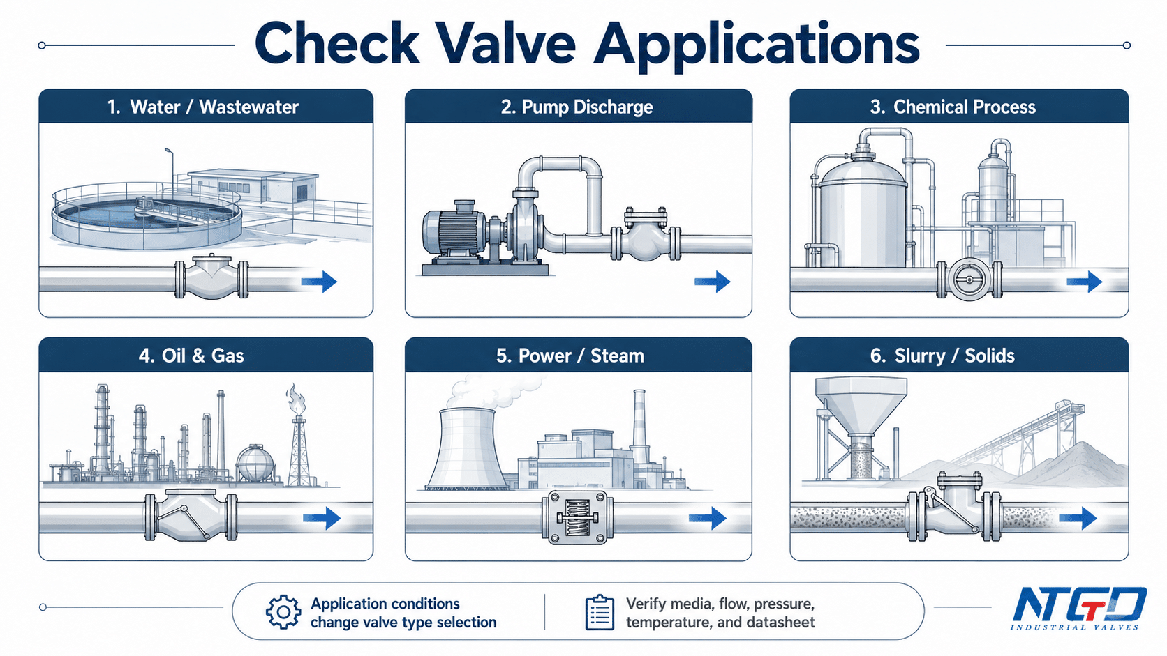 Resumen de aplicaciones industriales de las válvulas de retención para agua, descarga de bombas, procesos químicos, petróleo y gas, vapor de energía y lodos