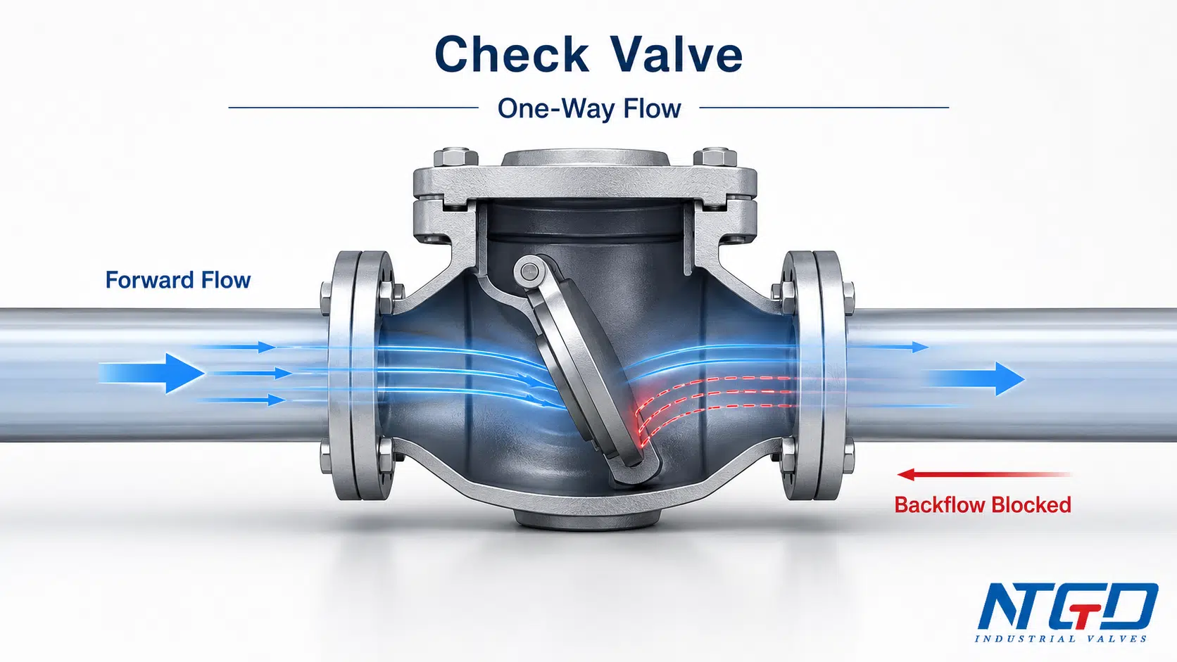 Check valve one-way flow diagram showing forward flow and blocked backflow