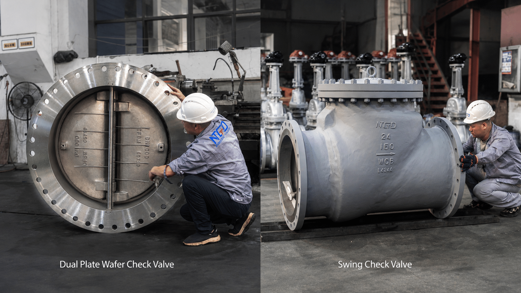 DN900 dual plate wafer check valve beside a 24 inch swing check valve in a workshop