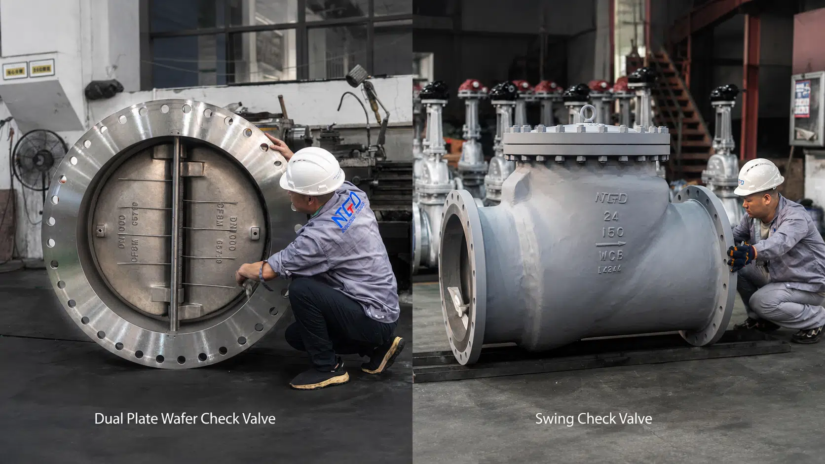 DN900 dual plate wafer check valve beside a 24 inch swing check valve in a workshop