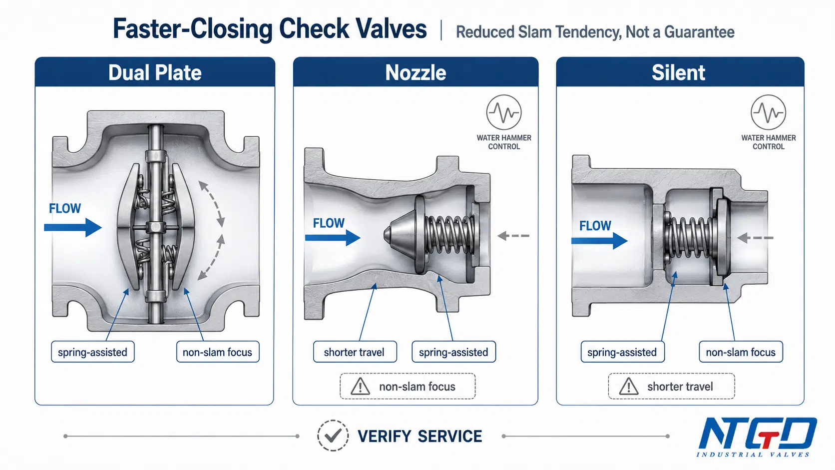 Dual plate, nozzle, and silent check valve non-slam comparison