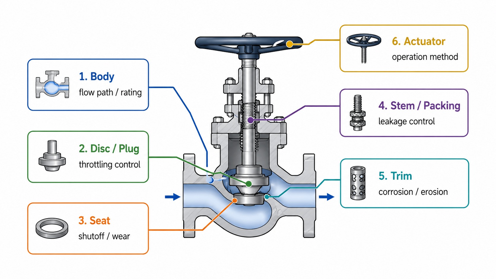 Globe valve component diagram showing body, disc or plug, seat, stem packing, trim, and actuator selection impact.