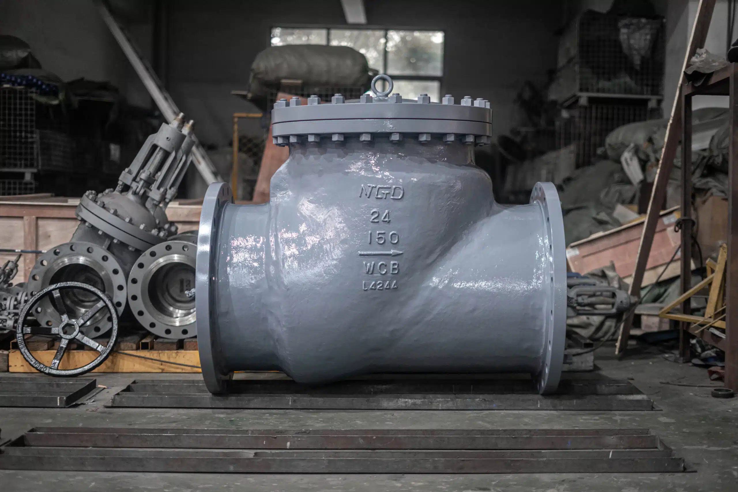 Large flanged swing check valve in industrial workshop