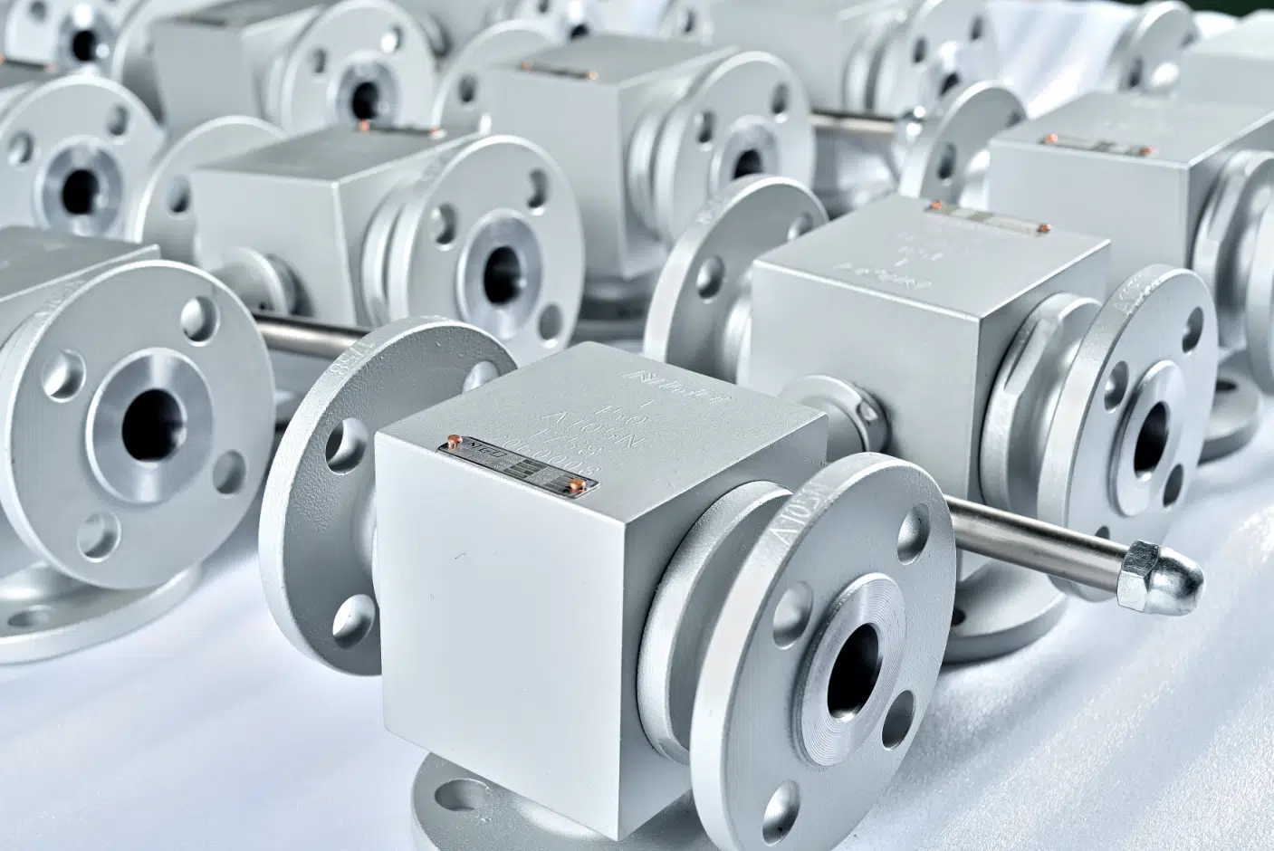 Group of piston check valves arranged for industrial product inspection