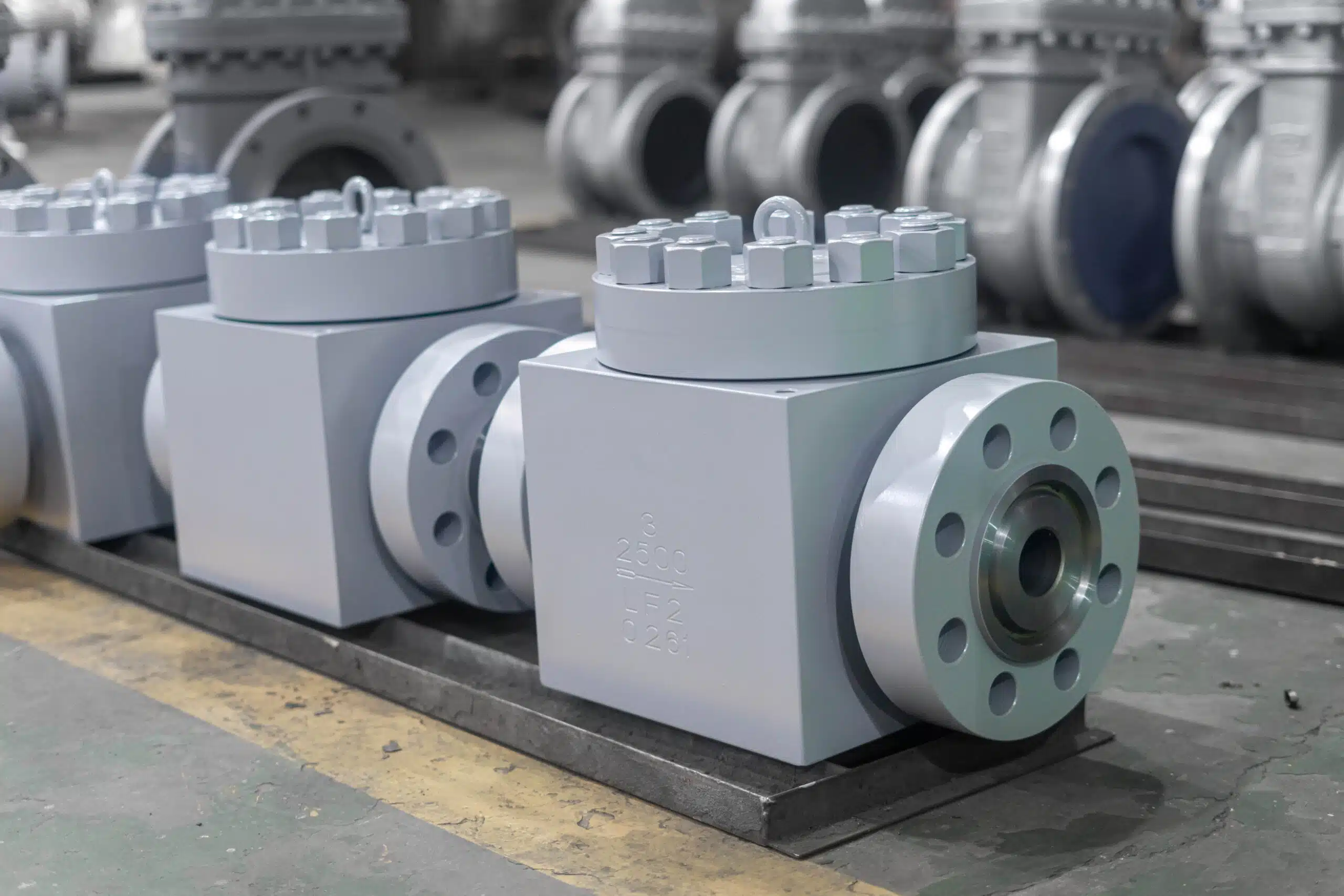 Piston check valves in workshop with flanged body and bolted cover