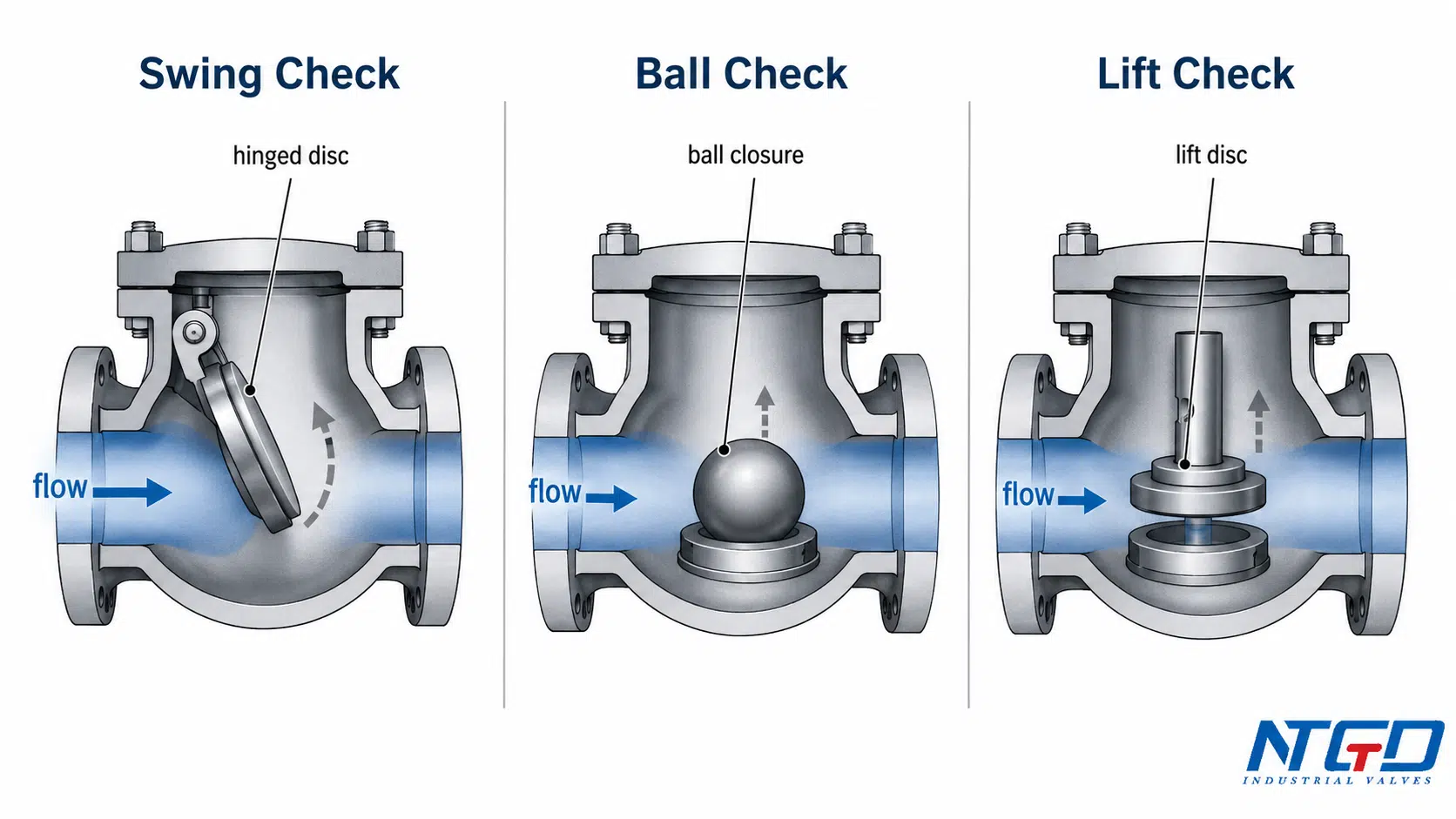 Swing, ball, and lift check valve mechanism comparison diagram