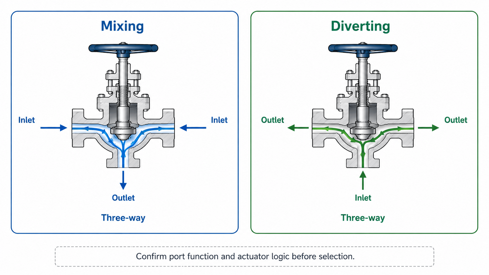 Three-way globe valve diagram showing mixing and diverting flow paths with inlet and outlet directions.