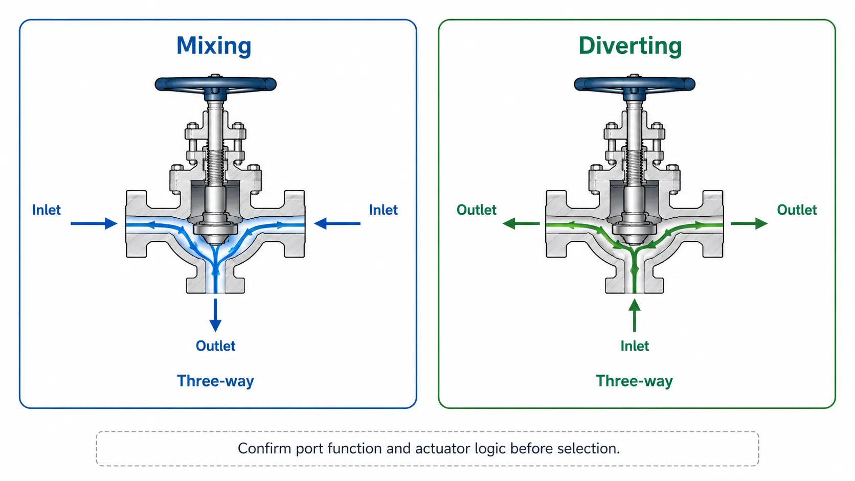 Schéma d'un robinet à soupape à trois voies montrant les voies de mélange et de déviation des flux avec les directions d'entrée et de sortie.