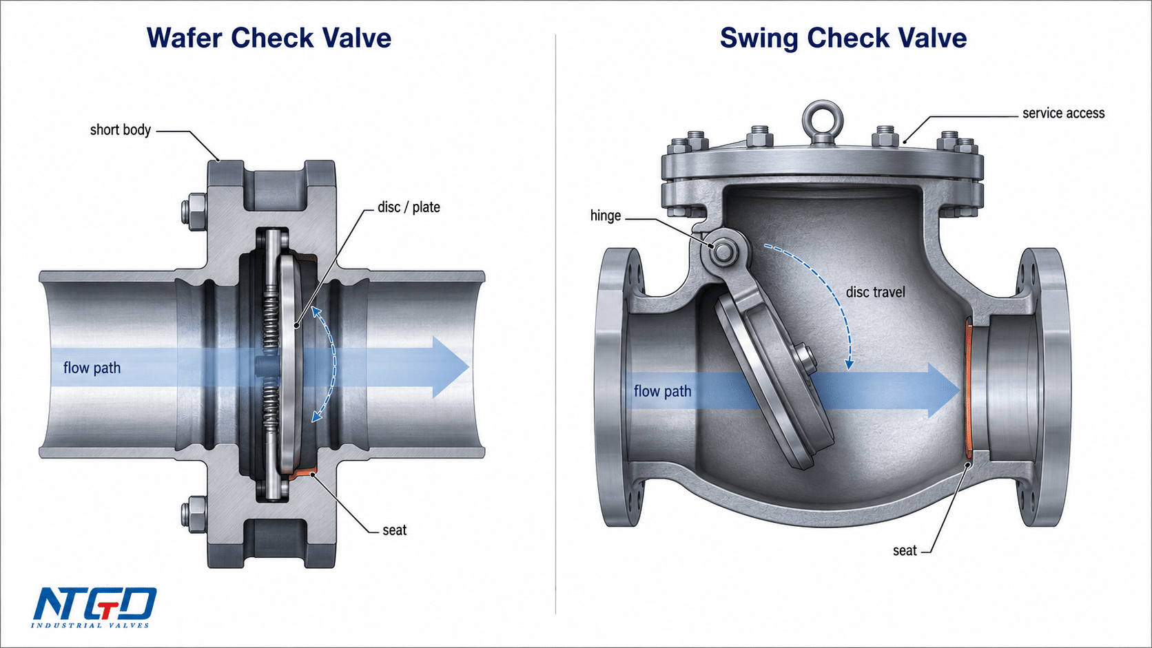 Cutaway diagram comparing wafer check valve body length and swing check valve disc travel