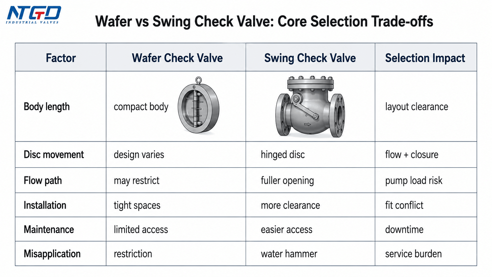 Core selection trade-offs between wafer check valves and swing check valves