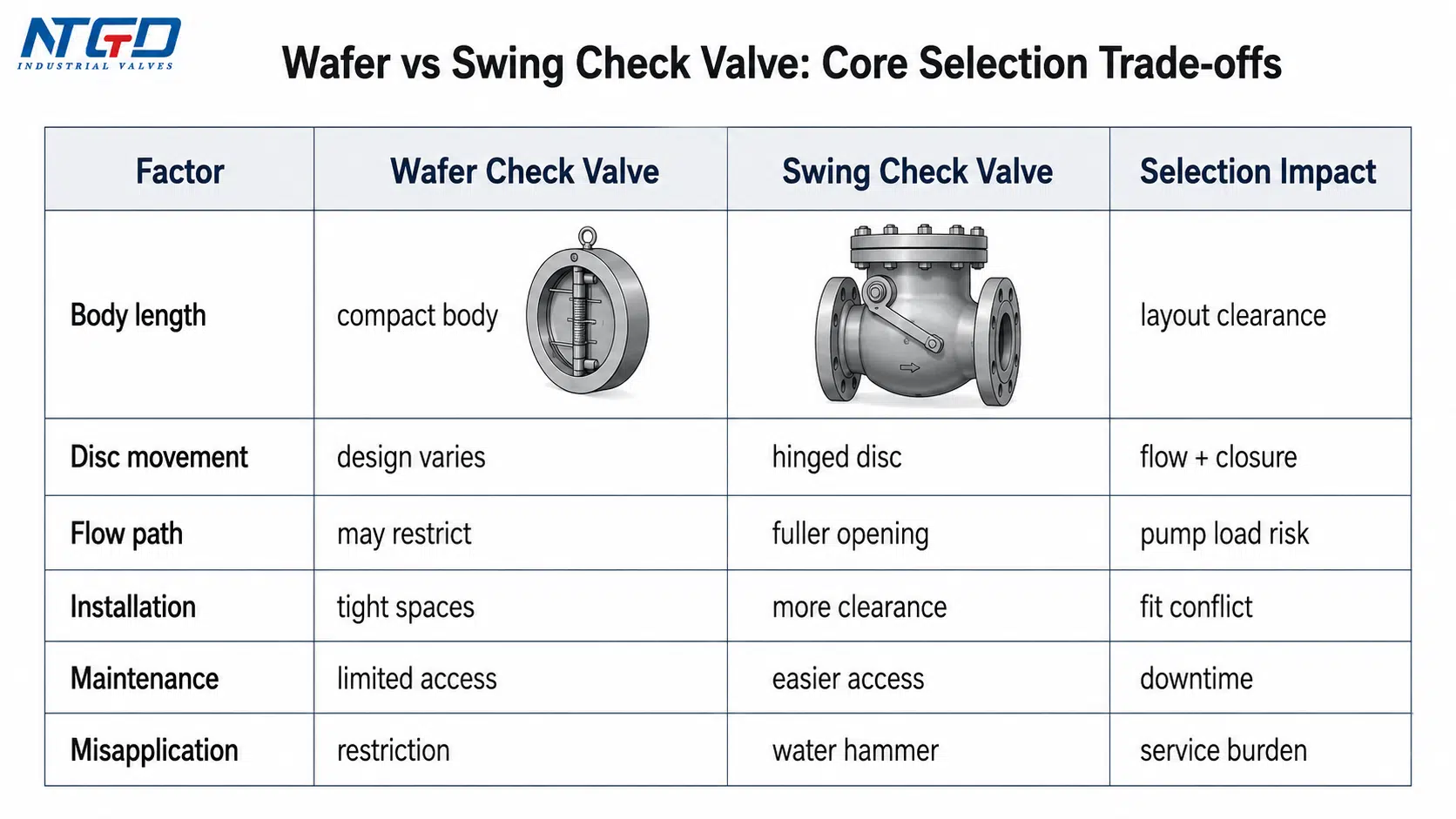Core selection trade-offs between wafer check valves and swing check valves