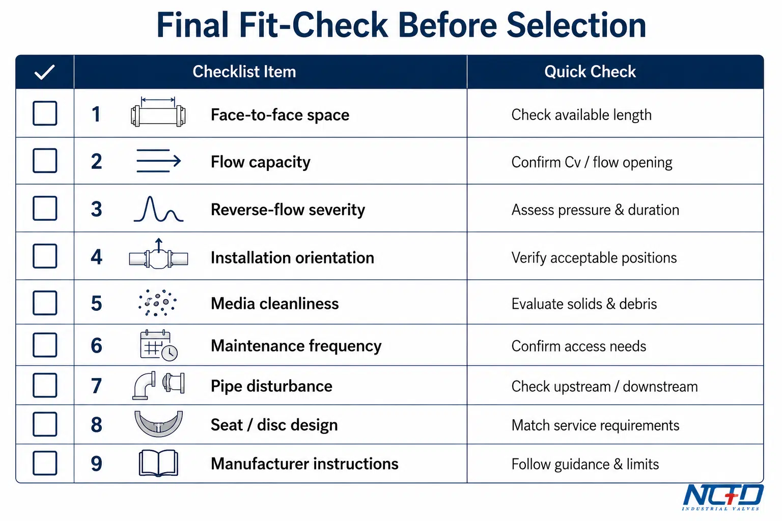 Final checklist before selecting a wafer or swing check valve