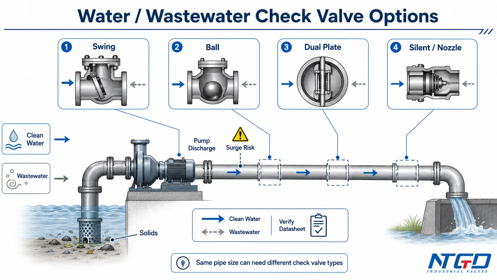 Water and wastewater check valve options for clean water, pump discharge, and solids service