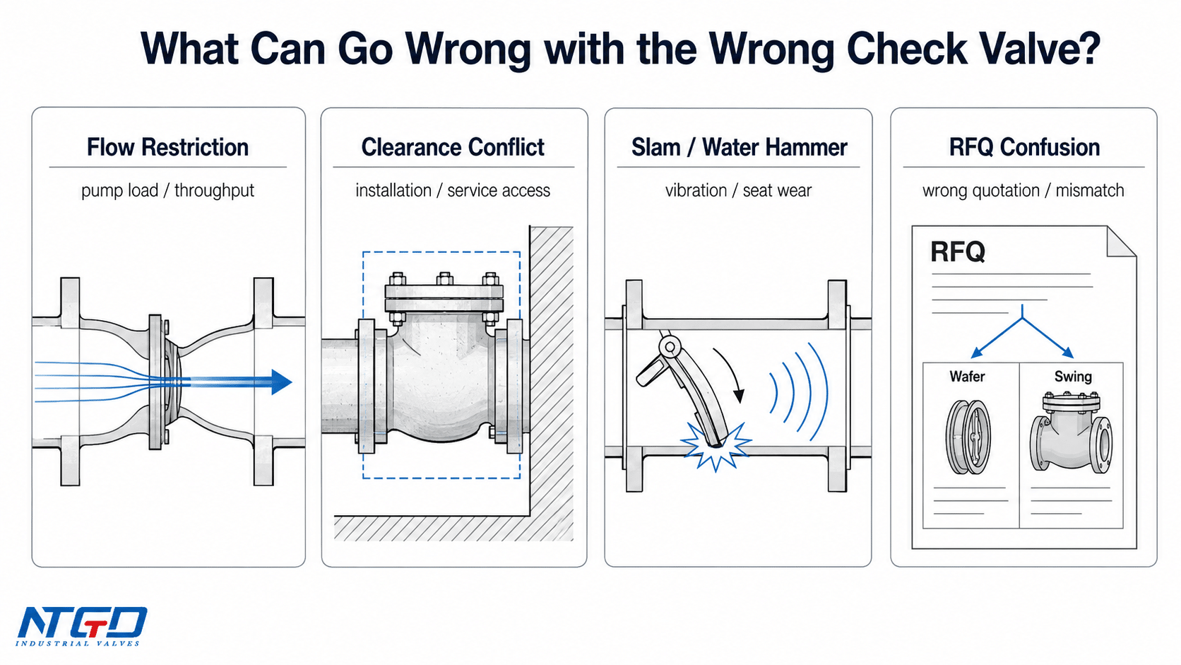 Wrong check valve selection consequences including flow restriction water hammer and RFQ confusion