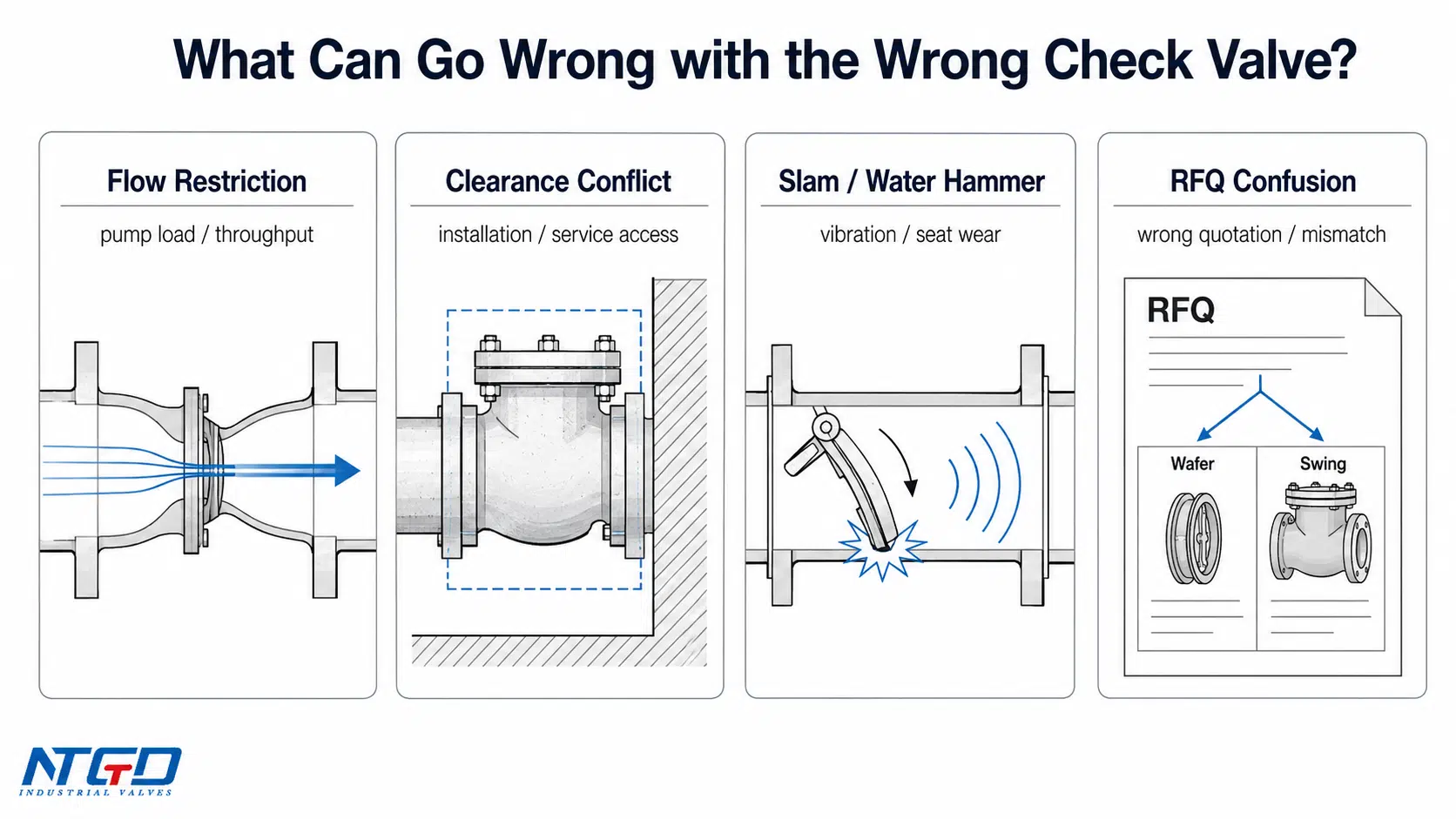 Wrong check valve selection consequences including flow restriction water hammer and RFQ confusion