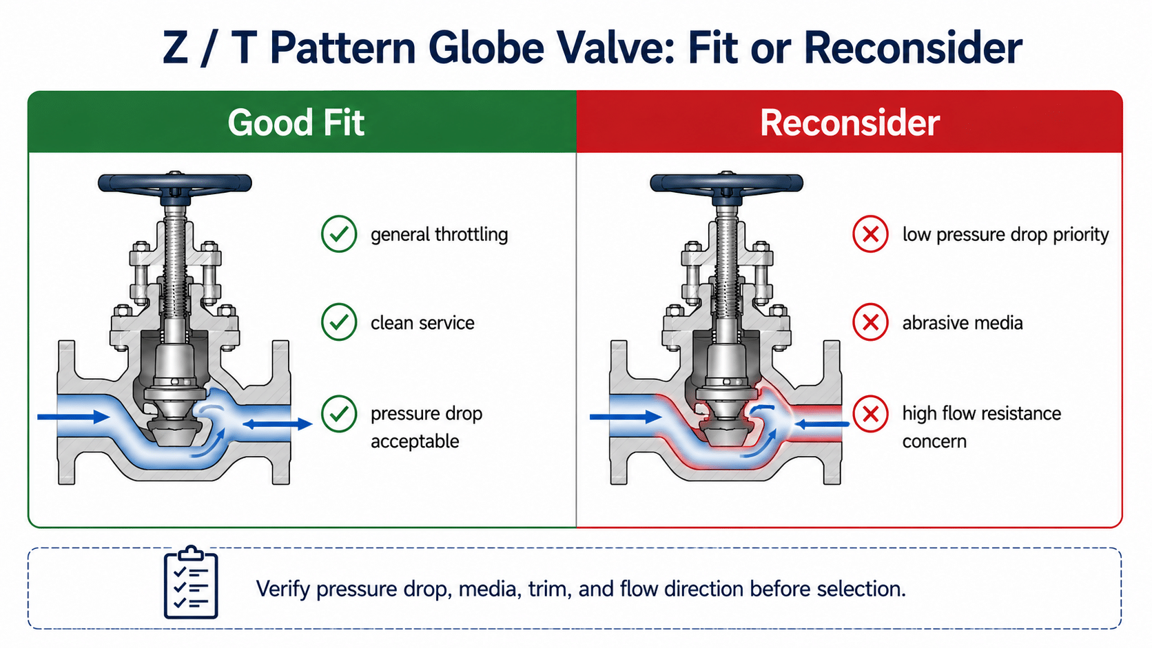 Z T pattern globe valve fit or reconsider card for general throttling, clean service, pressure drop, abrasive media, and flow resistance.