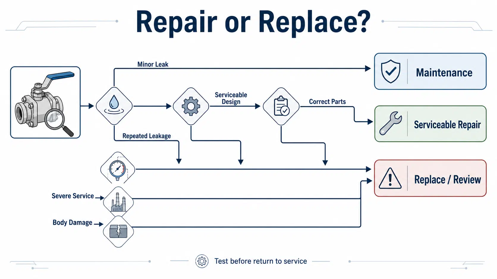 Ball valve repair or replace decision flow for maintenance serviceable repair and replacement review