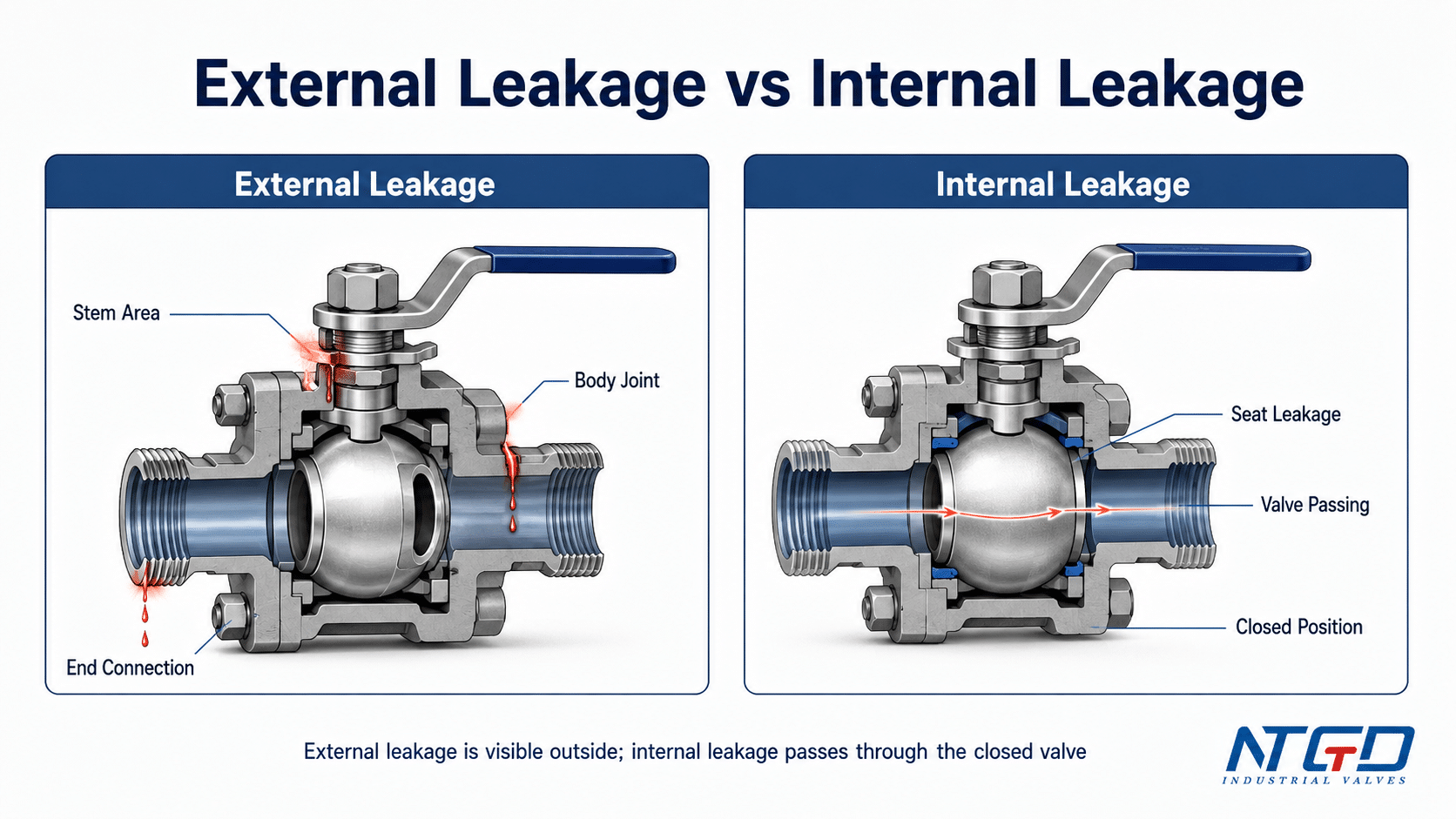External leakage and internal leakage comparison in a ball valve cutaway