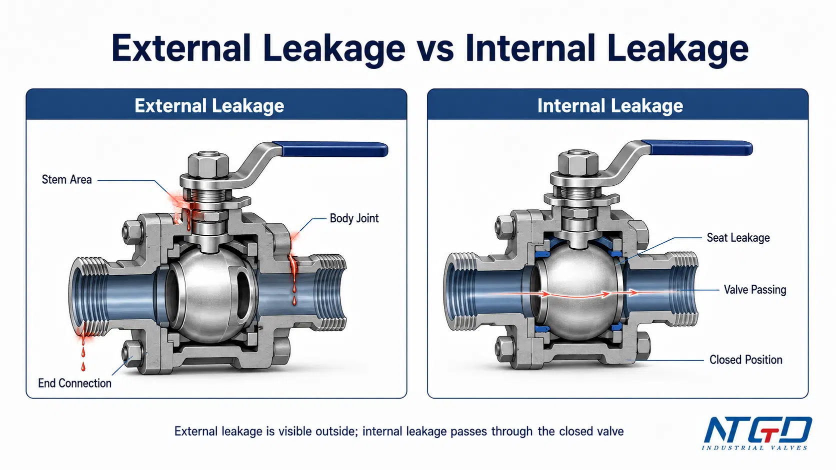 External leakage and internal leakage comparison in a ball valve cutaway
